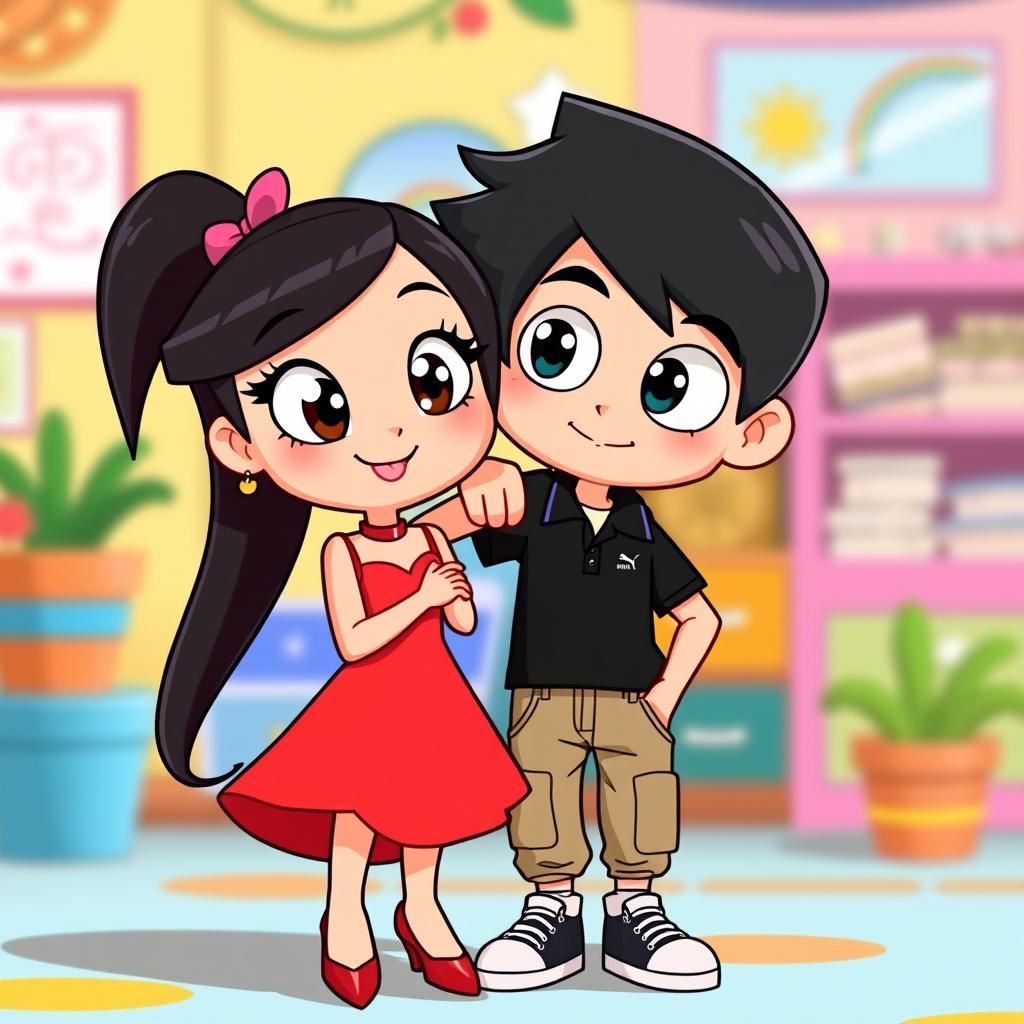 A vibrant and playful scene featuring Penny, a beautiful girl with long black hair and a lovely red dress complemented by high heels, gazing directly at the camera with a charming smile