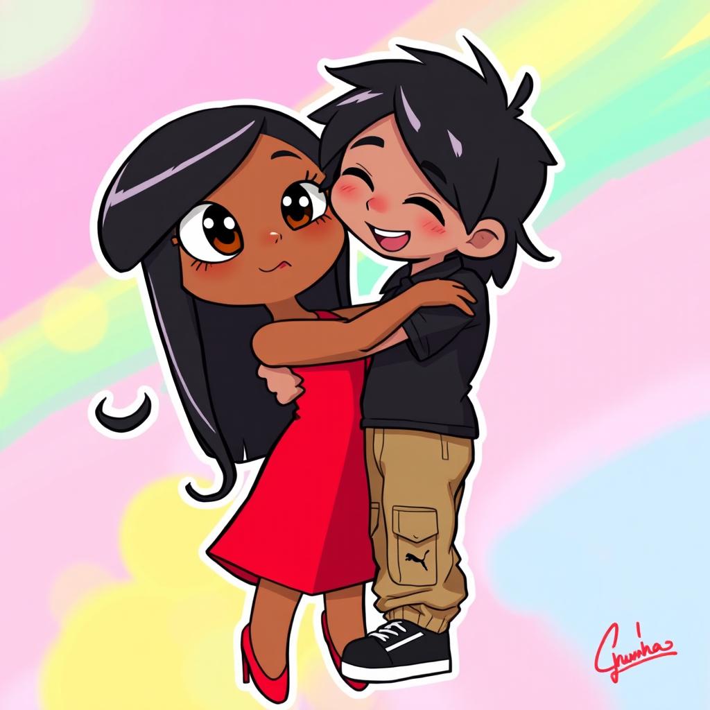 An illustration featuring Penny, who is of medium brown skin tone with long black hair, wearing a red dress and heels