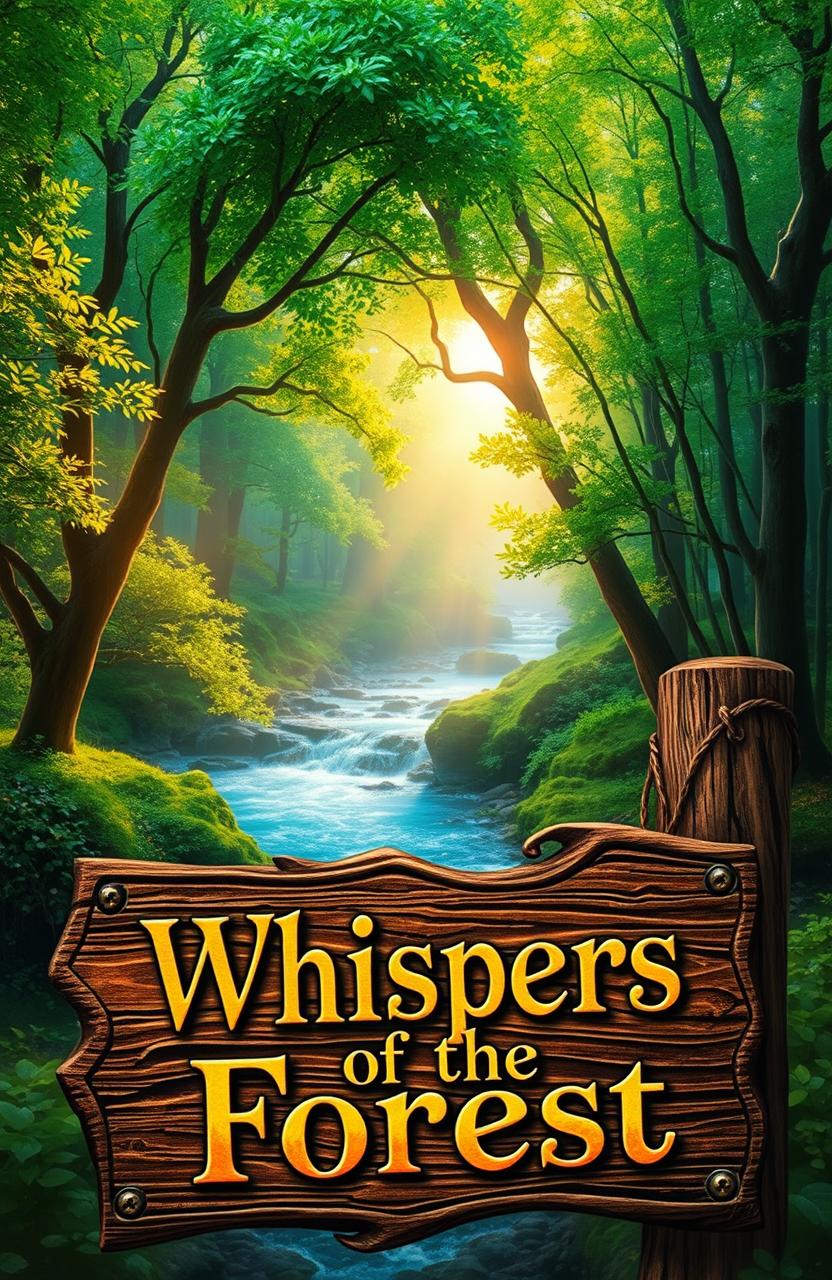 A beautifully designed book cover featuring a mystical forest scene with vibrant green trees, a sparkling river flowing through, and soft golden sunlight filtering through the leaves