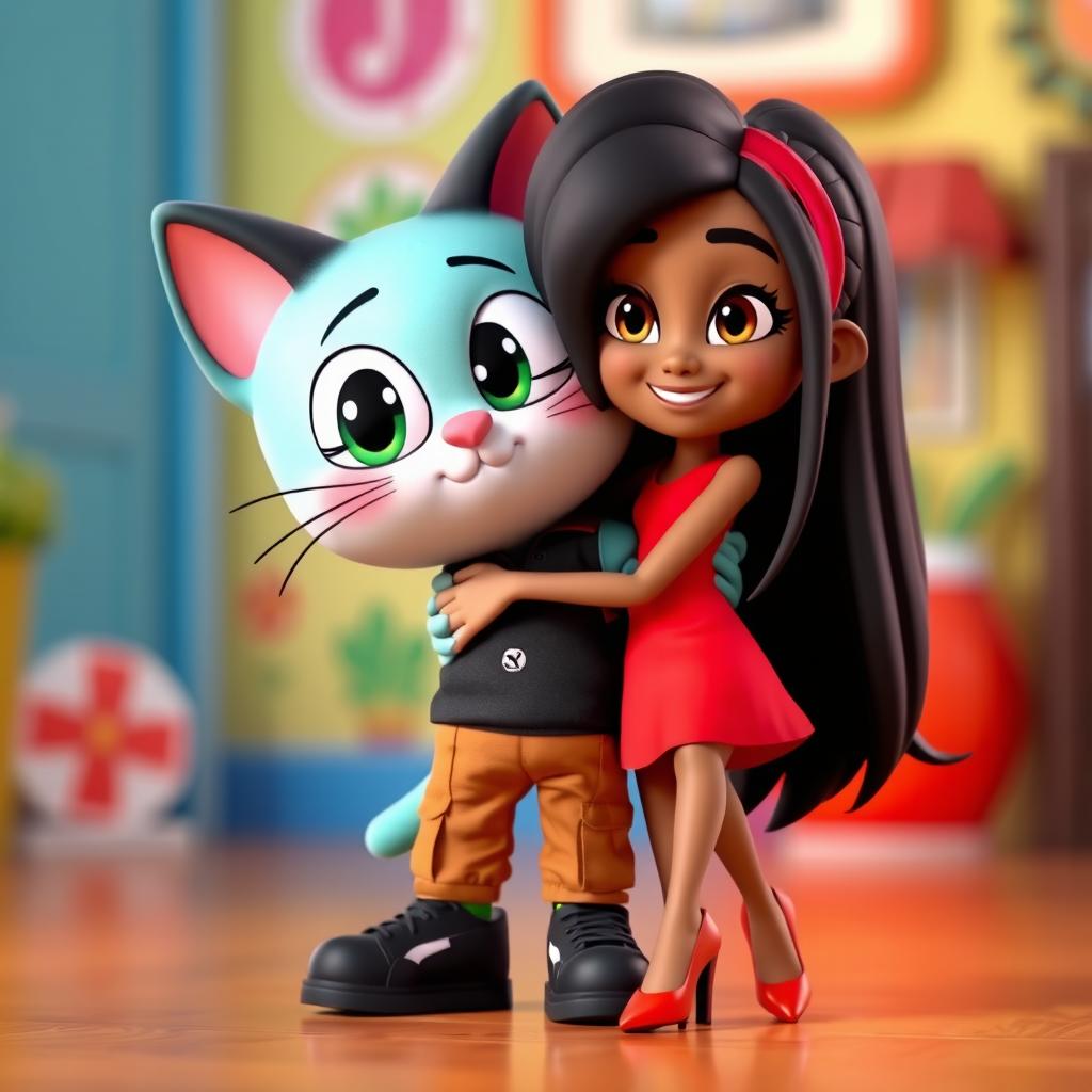 A 3D animated scene featuring Gumball, a cartoon cat with black hair, wearing a black polo shirt, brown cargo pants, and Puma shoes, gently embracing Penny, a girl with long black hair and brown skin