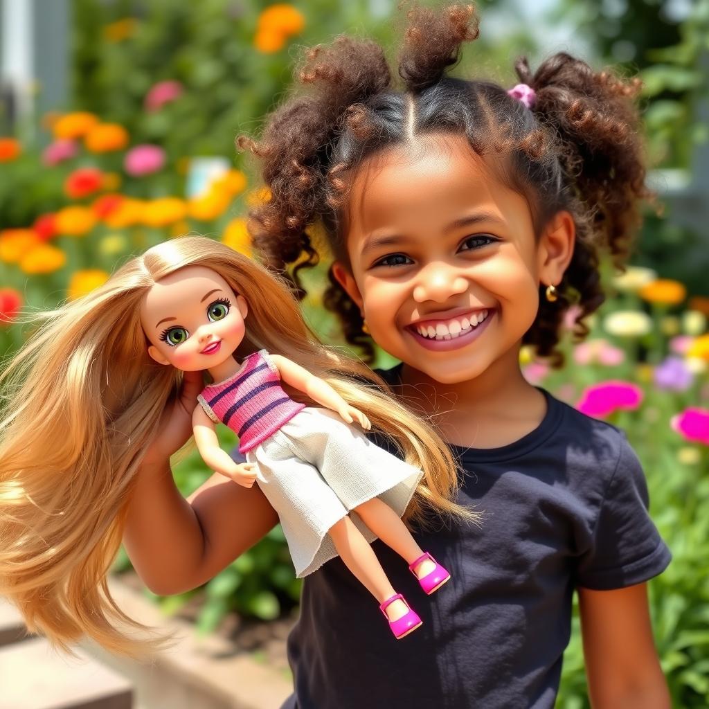 A bold, confident young girl joyfully playing with a beautiful doll, holding the doll's flowing hair in her hand