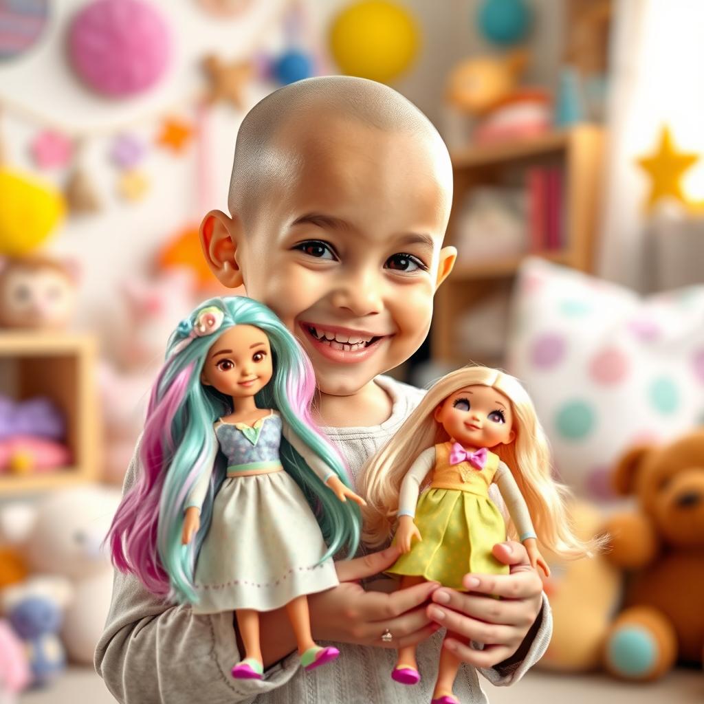 A bald young girl with a bright and cheerful expression, joyfully holding a beautiful doll with long, colorful hair in her hand