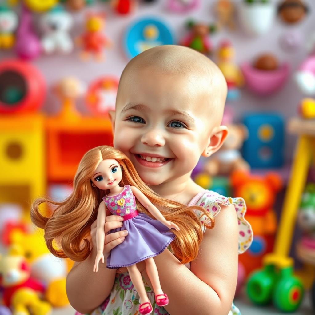 A cute, bald young girl with a joyful expression, holding a beautiful doll with long, flowing hair in her hand