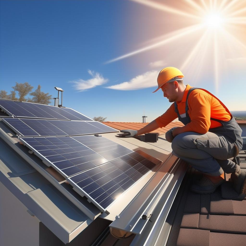 A photorealistic, high-definition image of a person installing solar panels on a residential rooftop, with a sunny blue sky in the background for illustrative purposes.