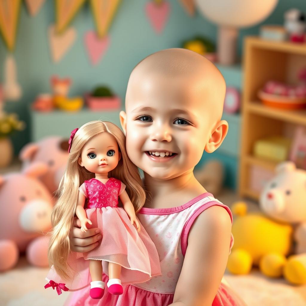 A adorable, bald young girl with a bright smile, playfully holding a stunning doll with long, silky hair in her hand
