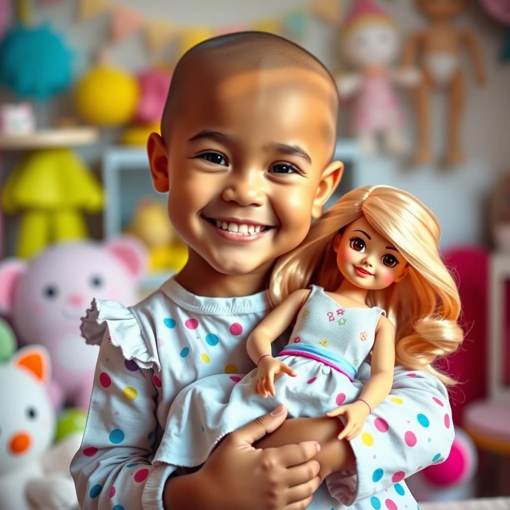 A charming, bald young girl with a bright smile, holding a beautiful doll that has long hair and her own face, showcasing an imaginative and playful connection