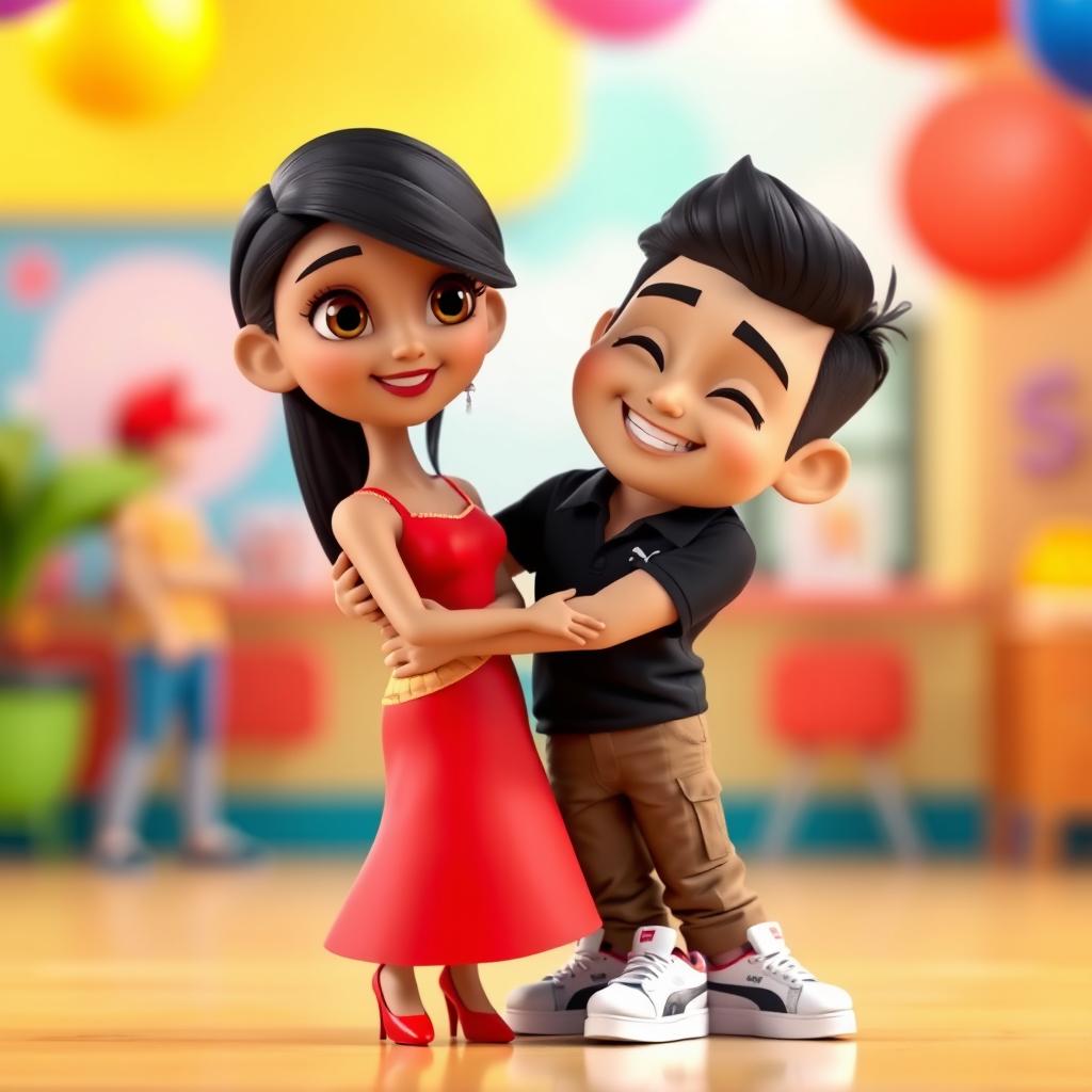 A 3D animated scene featuring a girl named Jhojandra and a boy named Owen