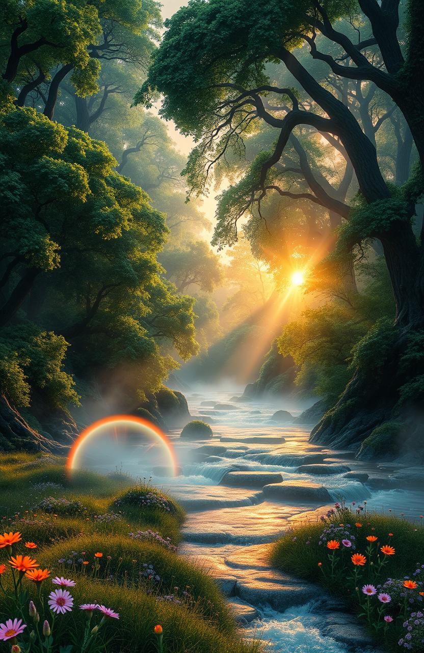 A stunning and realistic book cover featuring a mystical forest landscape at sunrise