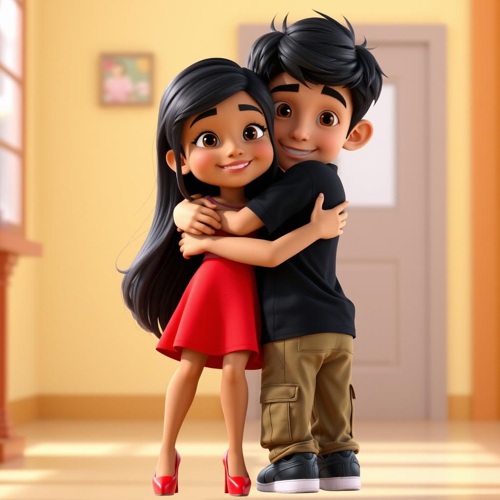 A 3D animated scene featuring a girl named Jhojandra with long black hair and medium brown skin, wearing a red dress and high heels