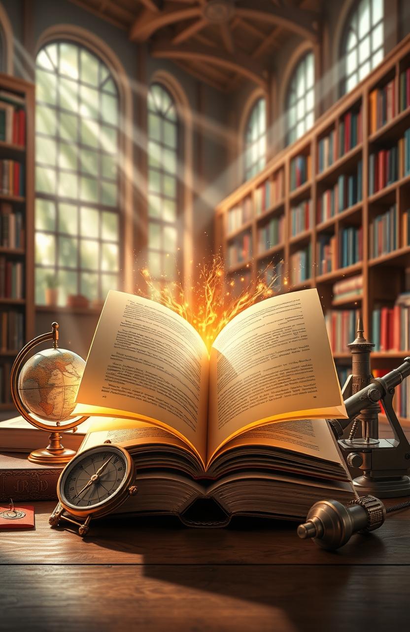 A stunning and realistic book cover design focused on the theme of education, featuring an open book with glowing pages that radiate light, surrounded by elements representing knowledge such as a globe, a vintage compass, and various scientific instruments like a microscope and a telescope