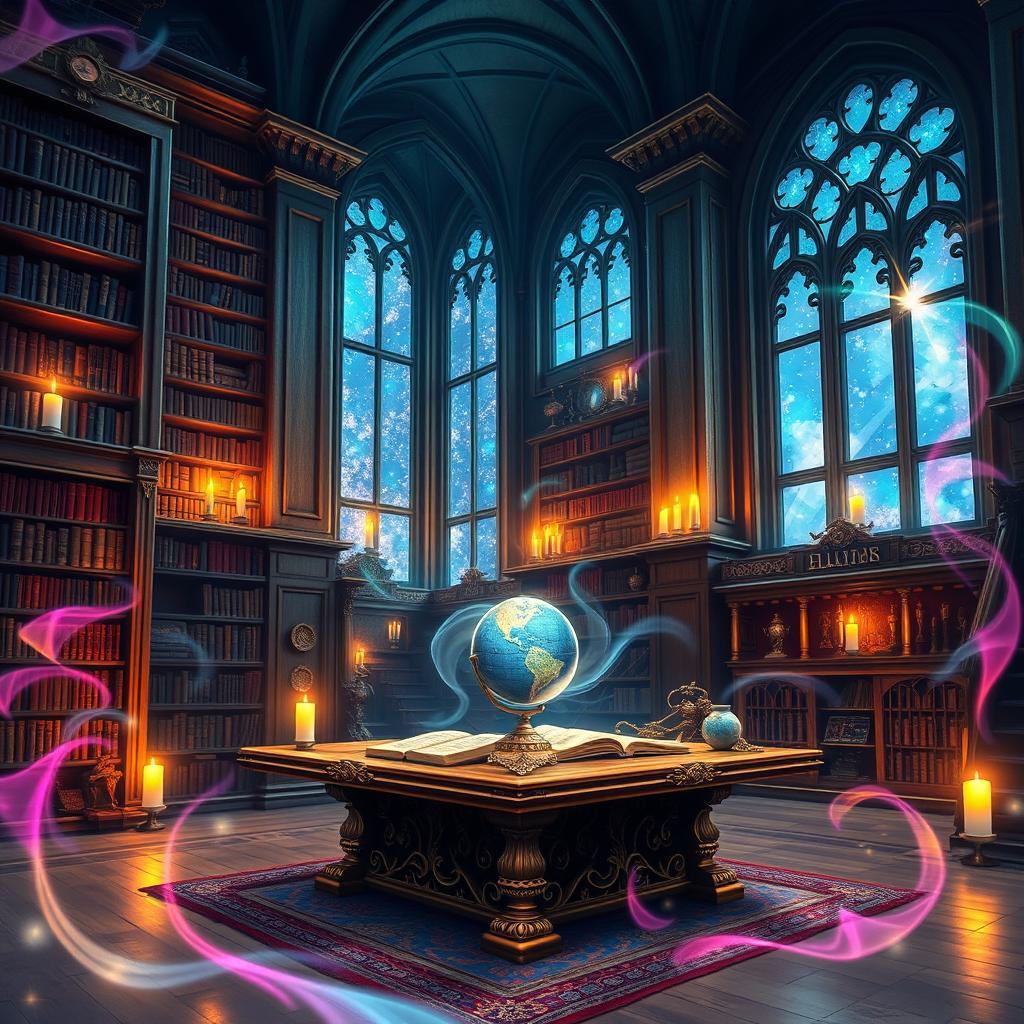 A stunning and realistic book cover showcasing a magical education theme, featuring an enchanting library with towering bookshelves filled with glowing books, mystical artifacts scattered around, and a celestial sky visible through tall arched windows