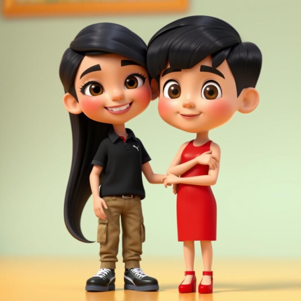 A 3D animated scene featuring a girl, Jhojandra, with long, black hair and a beautiful, slightly tanned complexion, wearing a striking red dress and high heels
