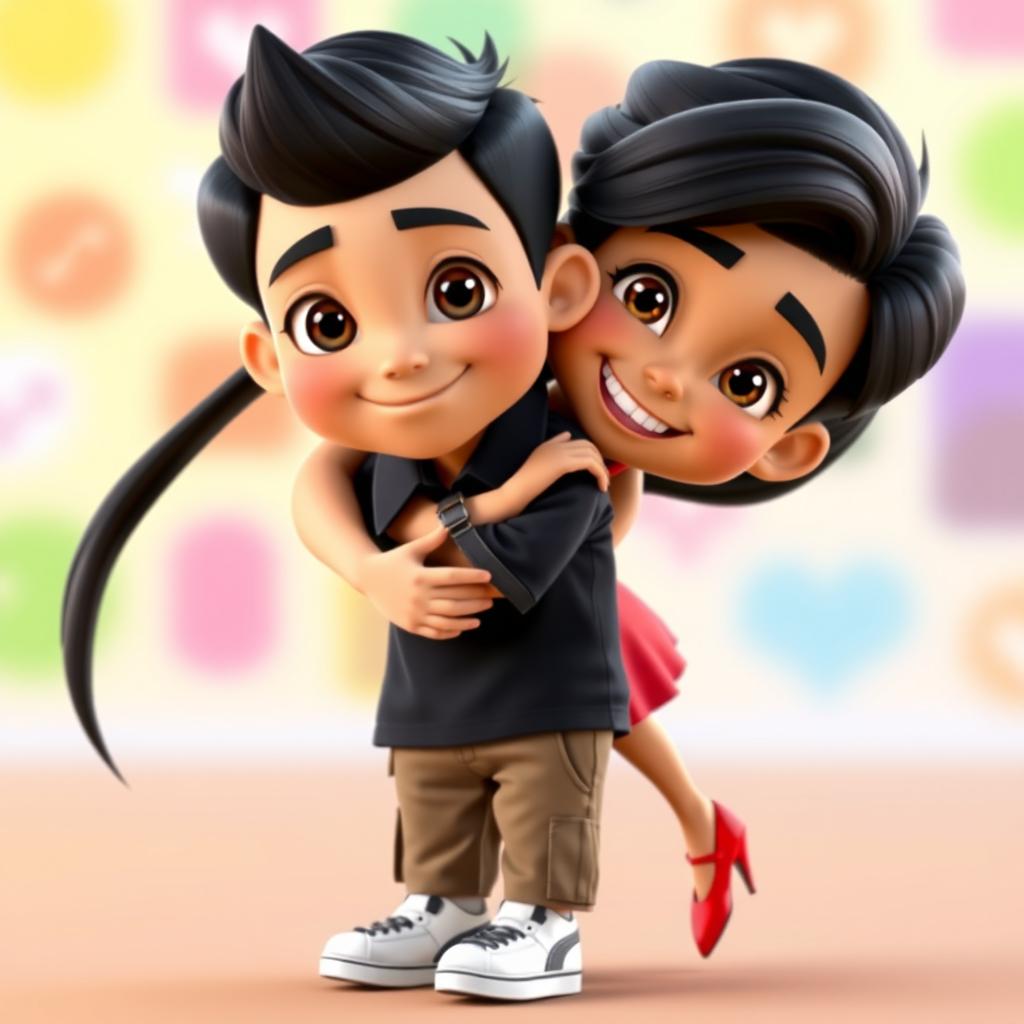 A 3D animated scene featuring Owen, a boy with black hair styled in a short, neat cut, wearing a black polo shirt, brown cargo pants, and Puma shoes