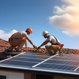 A photorealistic, high-definition image of a person installing solar panels on a residential rooftop, with a sunny blue sky in the background for illustrative purposes.