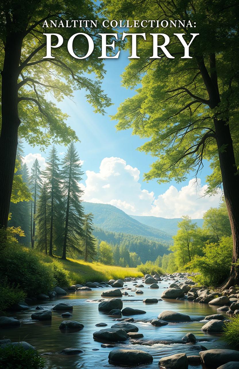 A realistic book cover for a poetry collection, featuring a peaceful, serene landscape