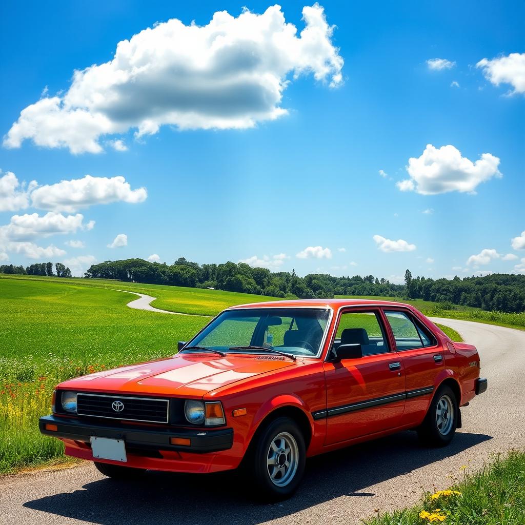 A vintage Toyota Tercel parked on a scenic countryside road, surrounded by lush green fields and wildflowers