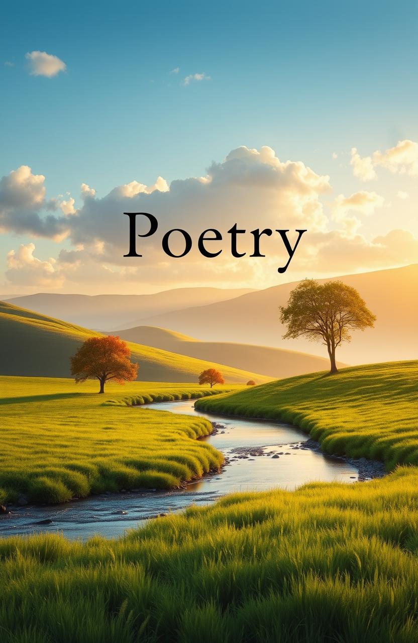 A realistic cover design for a poetry book, featuring a serene landscape with rolling hills and a tranquil river flowing through a lush green meadow