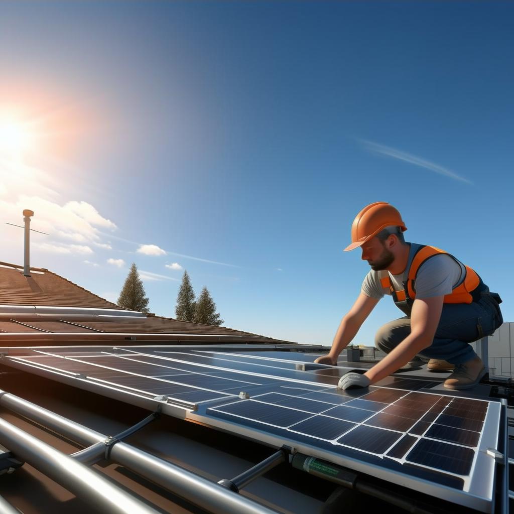 A photorealistic, high-definition image of a person installing solar panels on a residential rooftop, with a sunny blue sky in the background for illustrative purposes.