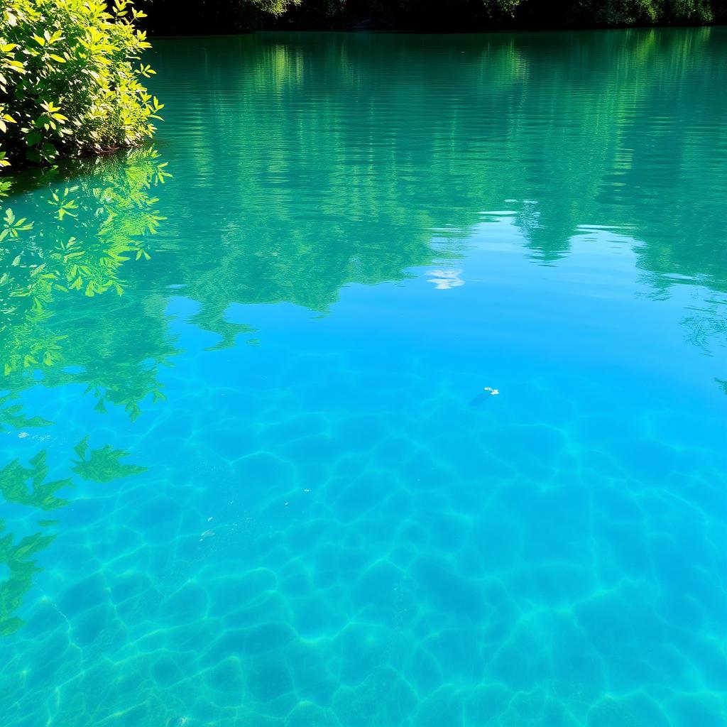 A clear and pristine body of water reflecting the blue sky, surrounded by lush green foliage