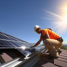 A photorealistic, high-definition image of a person installing solar panels on a residential rooftop, with a sunny blue sky in the background for illustrative purposes.