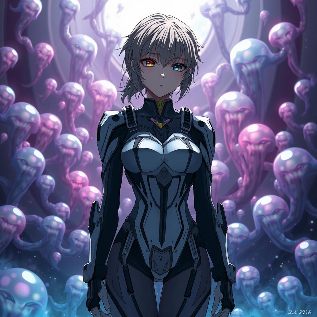 A striking anime-style poster featuring a female character in the foreground, wearing an Eva-inspired plugsuit adorned with intricate biomechanical details, or alternatively, a chic school uniform that captures a blend of personal style and toughness
