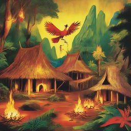 Primitive jungle setting with traditional huts. Flames and sparks beautifully twirl from a mythical firebird. Indigenous people garbed in loincloths express joy & happiness, unoppressed by the fiery spectacle. Earthy colors merge with bright reds, oranges, and yellows for a vivid panorama.