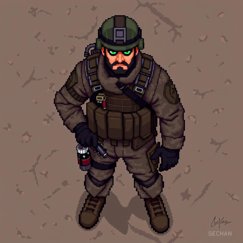 A 2D pixel art character design of a special forces commander, viewed from above, with a detailed tactical outfit including camouflage patterns, a combat helmet, and gear such as radio and grenades