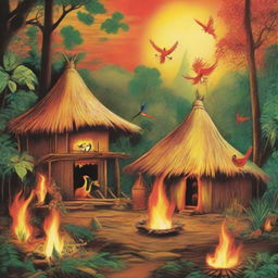 Primitive jungle setting with traditional huts. Flames and sparks beautifully twirl from a mythical firebird. Indigenous people garbed in loincloths express joy & happiness, unoppressed by the fiery spectacle. Earthy colors merge with bright reds, oranges, and yellows for a vivid panorama.