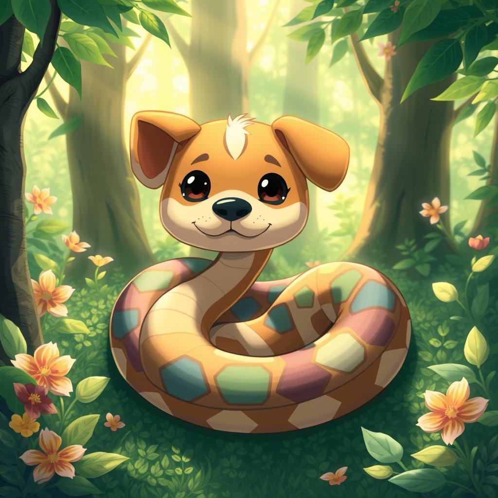 A whimsical Ghibli style illustration of a mashup creature that is part snake and part dog