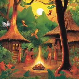 Primitive jungle setting with traditional huts. Flames and sparks beautifully twirl from a mythical firebird. Indigenous people garbed in loincloths express joy & happiness, unoppressed by the fiery spectacle. Earthy colors merge with bright reds, oranges, and yellows for a vivid panorama.