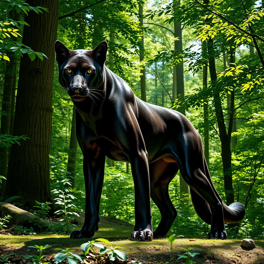 A striking and dynamic creature that is a blend of a wolf and a panther, standing proudly in a dense forest
