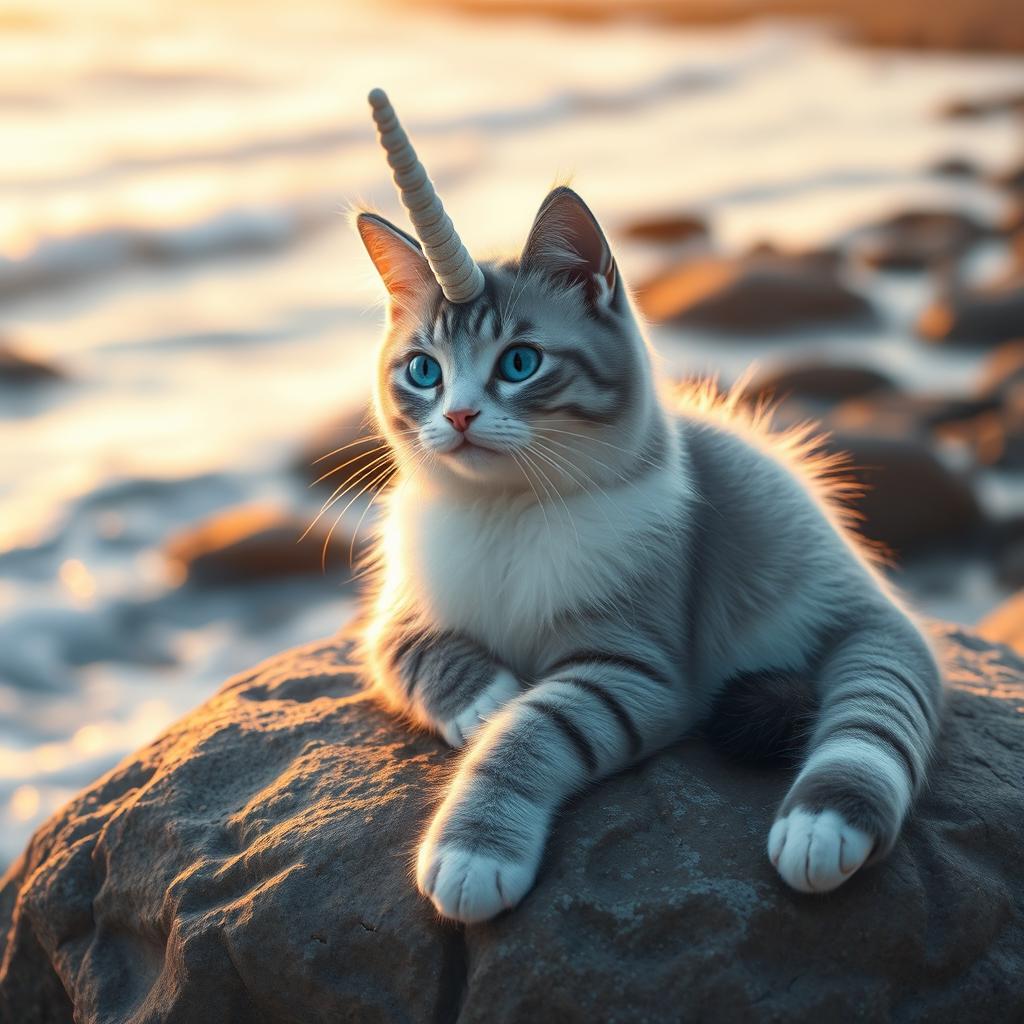 A unique hybrid creature that combines elements of a cat and a narwhal, featuring the sleek body of a cat adorned with fur in a blend of light grey and white