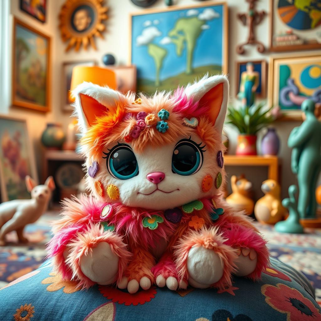 A beautifully crafted plush toy inspired by unique designs reminiscent of Meow Wolf, featuring vibrant colors and intricate patterns