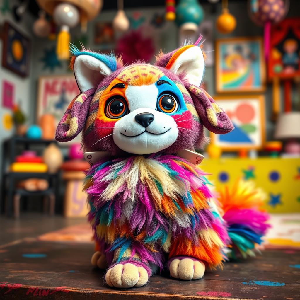 A whimsical plush toy depicting a delightful mashup of a cat and dog inspired by the vibrant artistic style of Meow Wolf