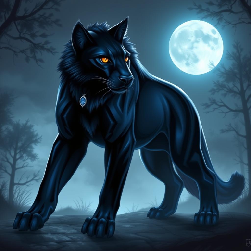 A captivating fusion of a wolf and a panther, depicted as a powerful and elegant mythical creature