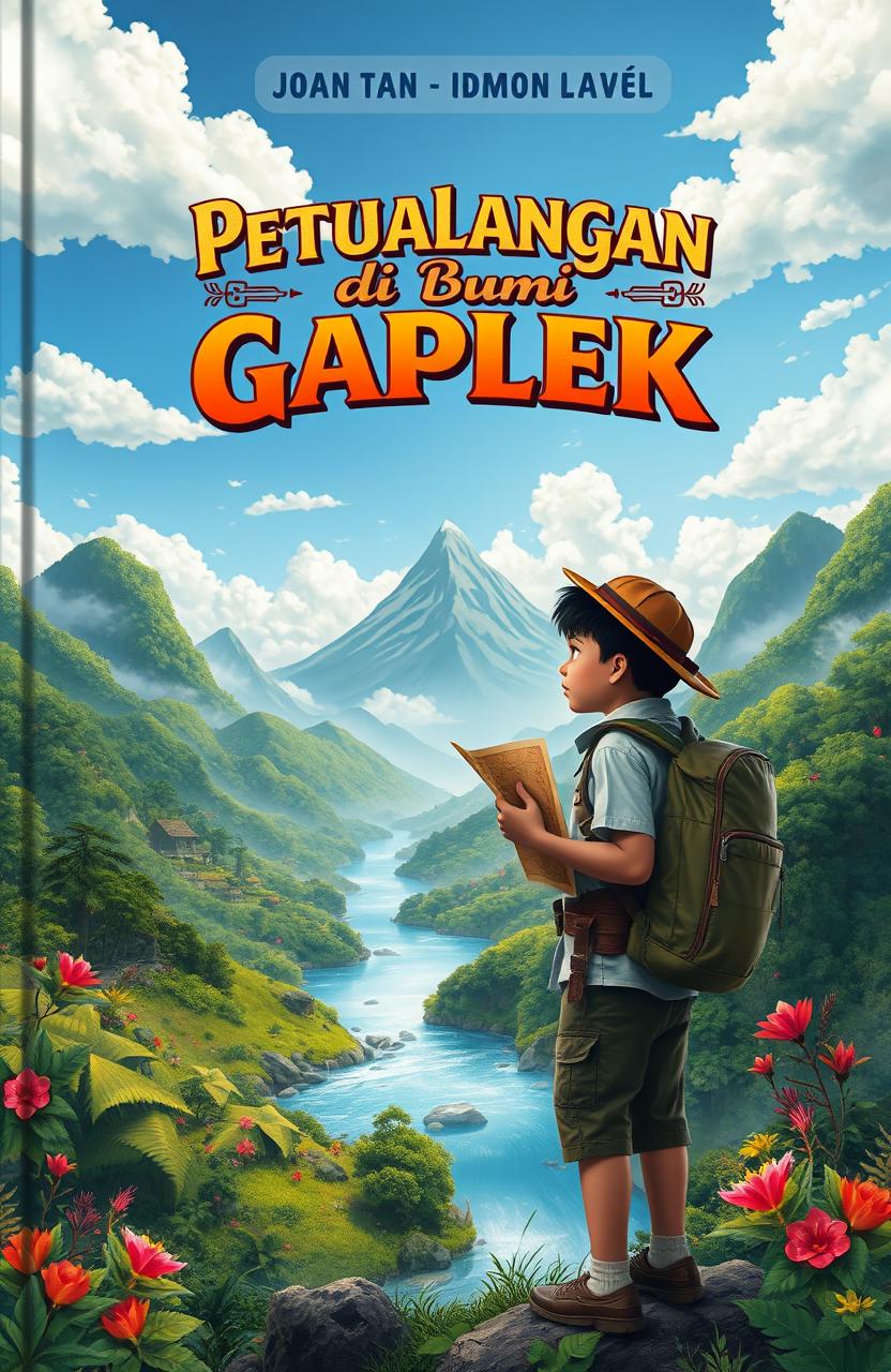 A captivating cover design for a novel titled 'Petualangan di Bumi Gaplek', featuring an adventurous landscape filled with lush green forests, mystical hills, and vibrant flora unique to the fictional land of Gaplek