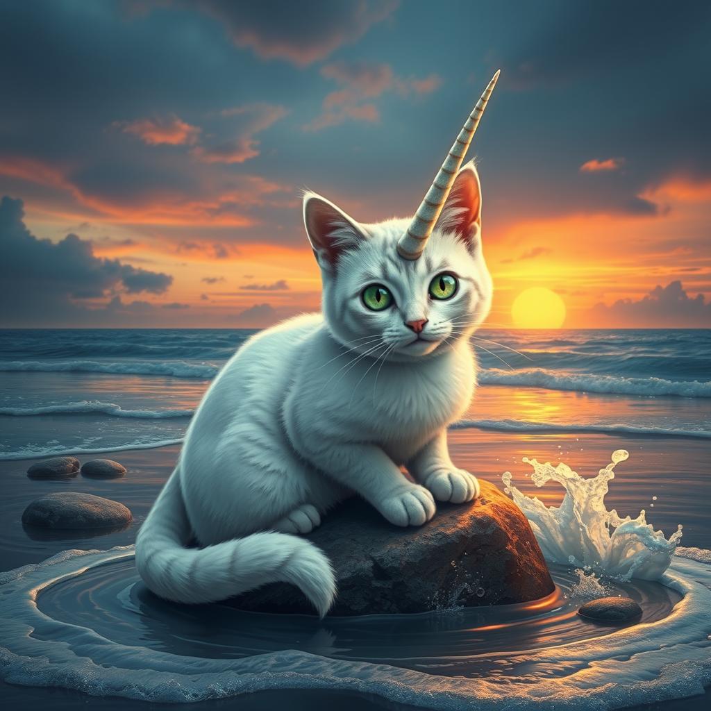 An imaginative creature that merges the sleek body of a cat with the distinctive features of a narwhal
