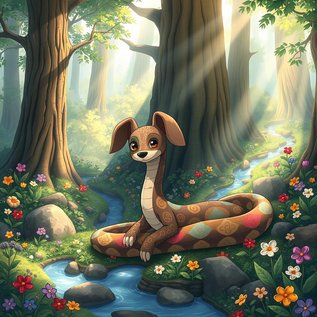 A charming Ghibli style illustration of a mashup creature that is part snake and part dog, nestled in its magical habitat