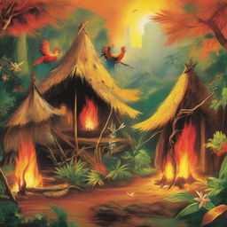 Primitive jungle setting with traditional huts. Flames and sparks beautifully twirl from a mythical firebird. Indigenous people garbed in loincloths express joy & happiness, unoppressed by the fiery spectacle. Earthy colors merge with bright reds, oranges, and yellows for a vivid panorama.