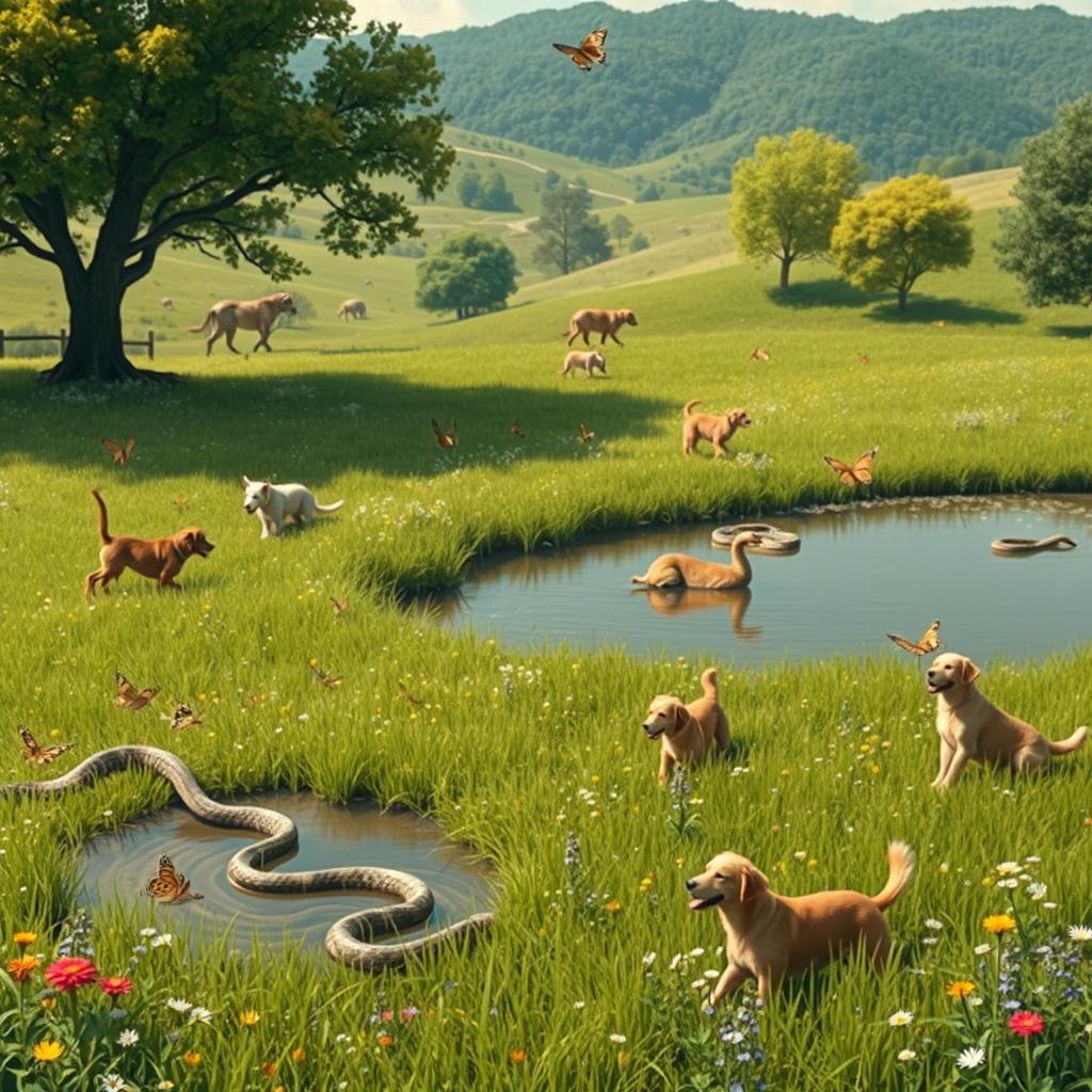 A serene and harmonious habitat that showcases both snakes and dogs coexisting in a natural setting