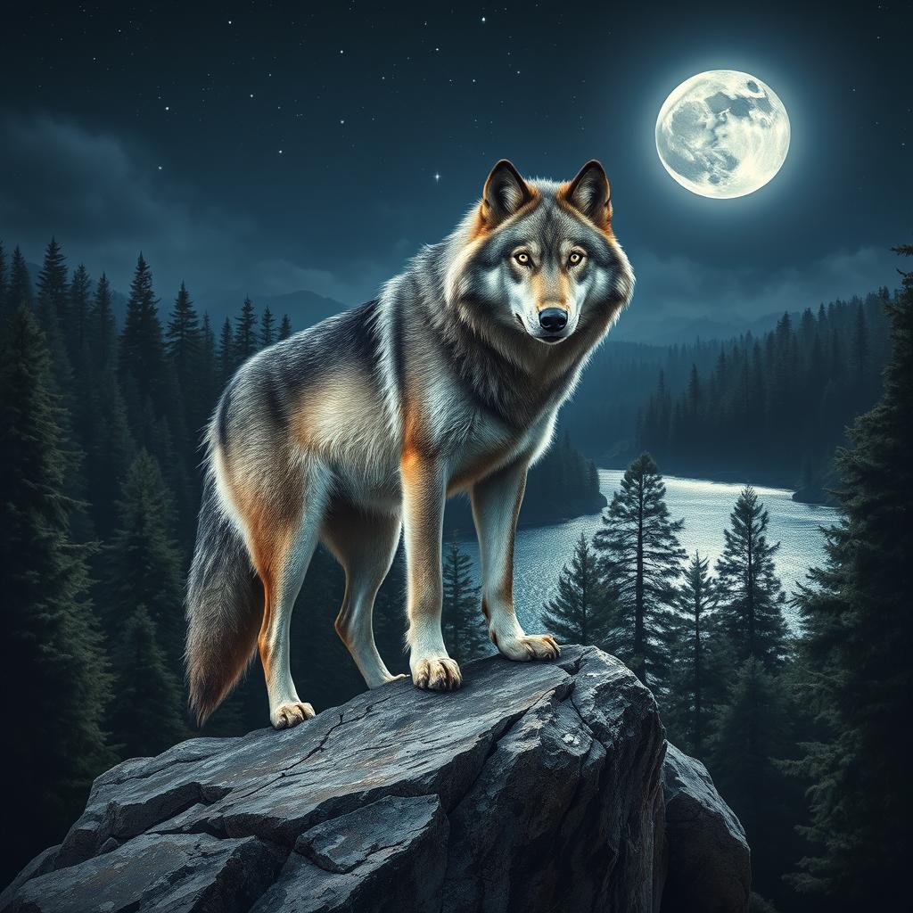A majestic wolf standing on a rocky outcrop under a starlit sky, its fur a blend of silvery gray and deep black, glistening in the moonlight