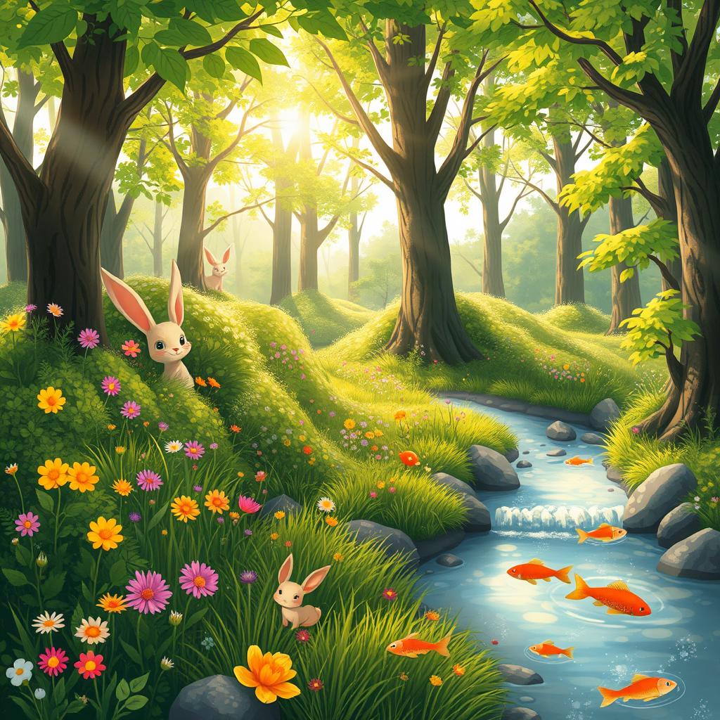 A charming and cute forest scene filled with whimsical elements that evoke a sense of wonder and joy