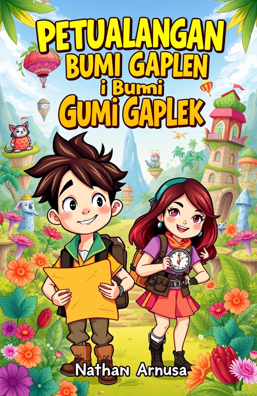 A colorful and whimsical cover illustration for a novel titled 'Petualangan di Bumi Gaplek'