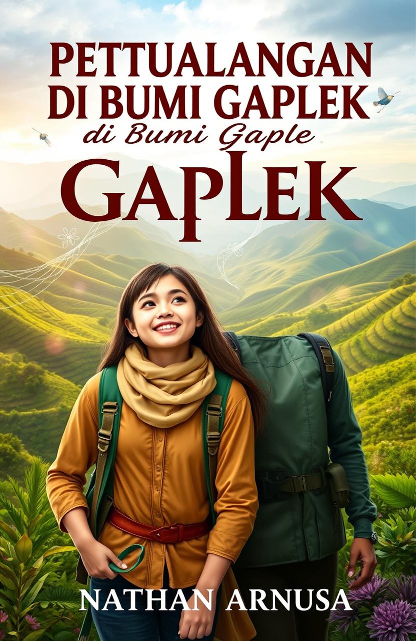 A captivating novel cover for 'Petualangan di Bumi Gaplek' featuring a charismatic man and woman, both authors Nathan Arnusa