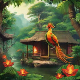 In a lush jungle, a mythical firebird elegantly spreads fire to the rustic huts. The native inhabitants, donned in traditional wear, radiate happiness amidst the radiant spectacle. The scene is a fusion of green foliage, rustic huts, and fiery hues.