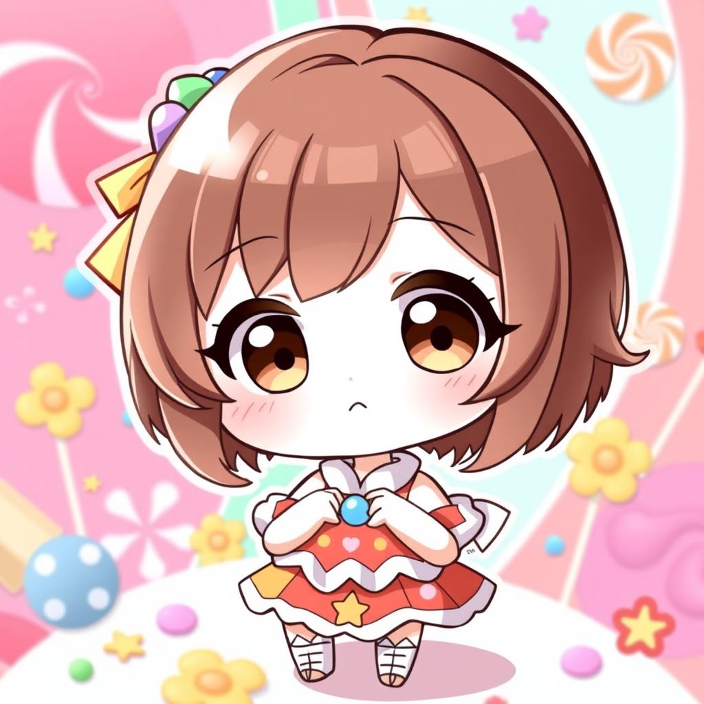 A cute chibi girl with short hair, big brown eyes, and an adorable expression