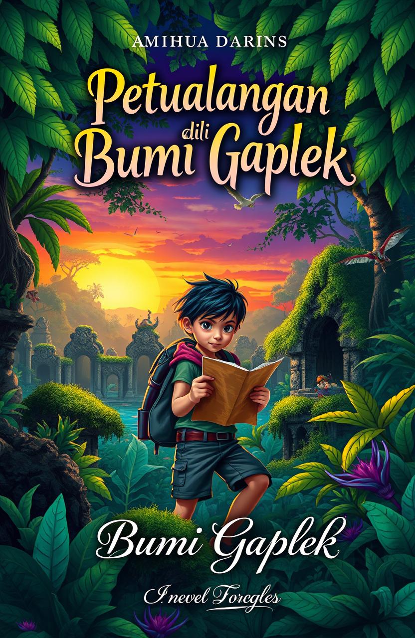 A captivating novel cover design for "Petualangan di Bumi Gaplek" depicting a vibrant and mystical jungle landscape filled with lush green trees and exotic plants