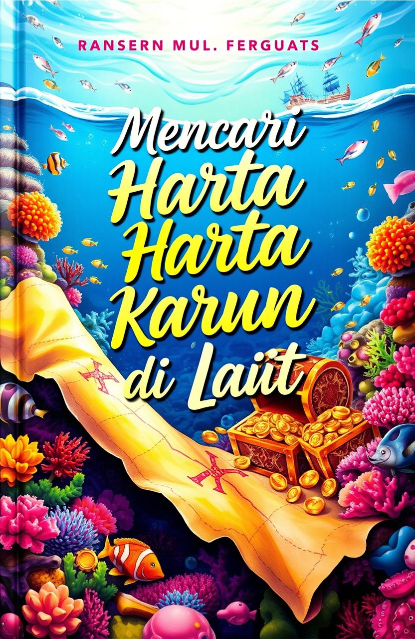 A vibrant book cover themed around treasure hunting in the ocean