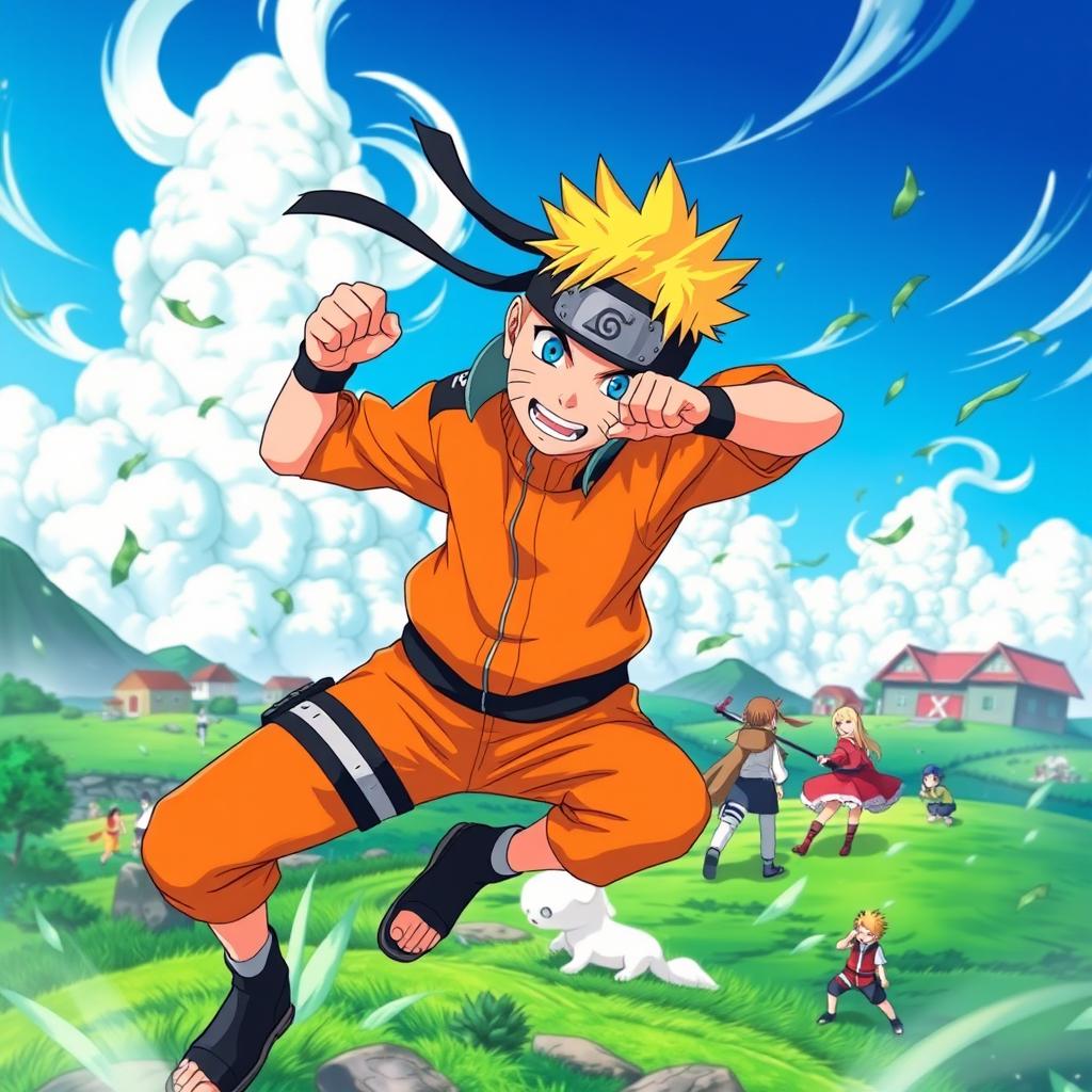 A vibrant and dynamic wallpaper featuring Naruto Uzumaki in an action pose, wearing his signature orange jumpsuit and a headband with a symbol of the Hidden Leaf Village