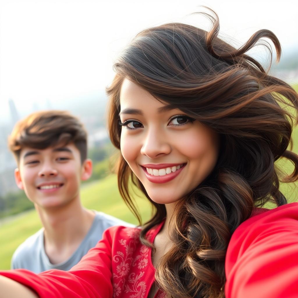 A close-up portrait of two young adults taking a selfie outdoors, showcasing the woman with stylish, voluminous hair that gently flows and shines in the light